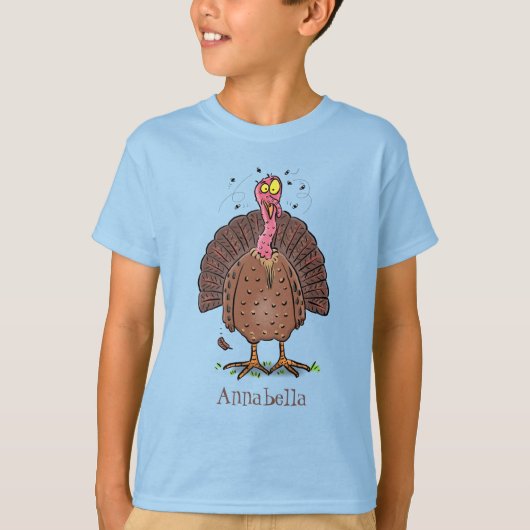 Funny brown farmyard turkey met vliegende cartoon t-shirt (Voorkant)