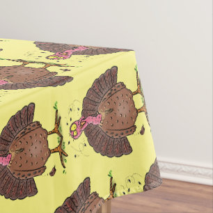 Funny brown farmyard turkey met vliegende cartoon tafelkleed