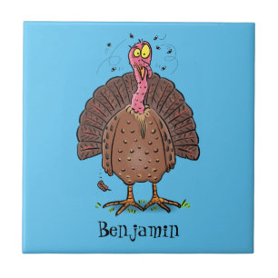 Funny brown farmyard turkey met vliegende cartoon tegeltje