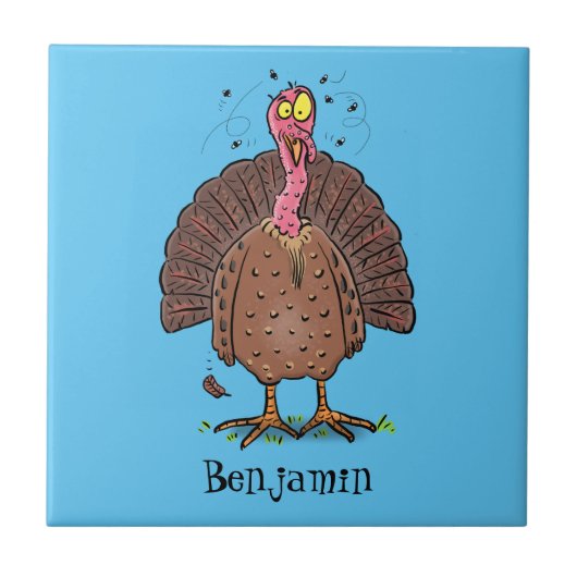 Funny brown farmyard turkey met vliegende cartoon tegeltje (Voorkant)