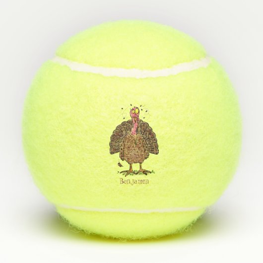 Funny brown farmyard turkey met vliegende cartoon tennisballen (Achterkant)