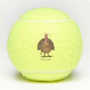 Funny brown farmyard turkey met vliegende cartoon tennisballen