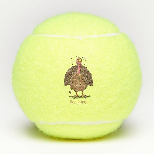Funny brown farmyard turkey met vliegende cartoon tennisballen (Voorkant)