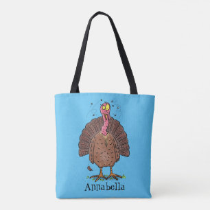 Funny brown farmyard turkey met vliegende cartoon tote bag