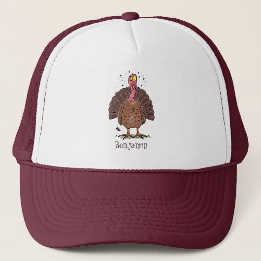 Funny brown farmyard turkey met vliegende cartoon trucker pet (Voorkant)