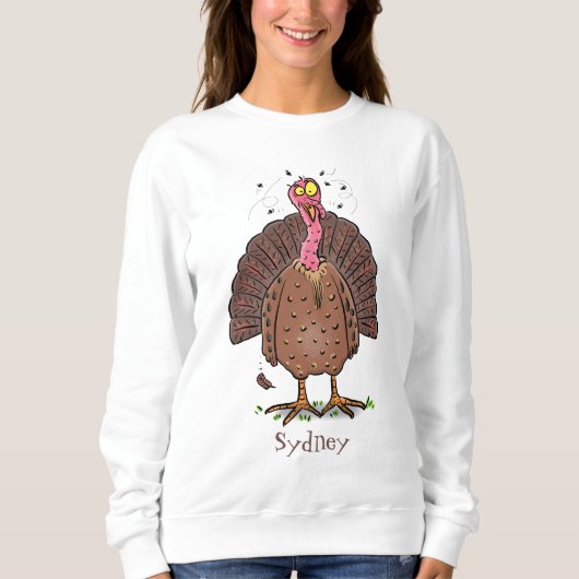 Funny brown farmyard turkey met vliegende cartoon trui (Voorkant)