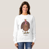 Funny brown farmyard turkey met vliegende cartoon trui (Voorkant volledig)