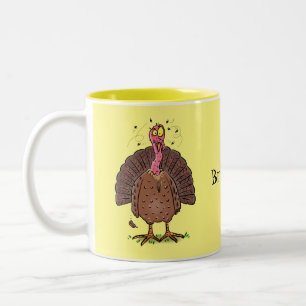 Funny brown farmyard turkey met vliegende cartoon tweekleurige koffiemok