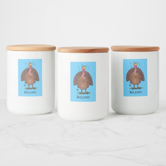 Funny brown farmyard turkey met vliegende cartoon voedselcontainer etiket (Flessen)