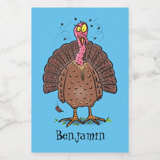 Funny brown farmyard turkey met vliegende cartoon voedselcontainer etiket (Enkel label)