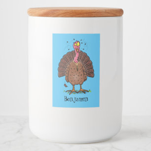 Funny brown farmyard turkey met vliegende cartoon voedselcontainer etiket
