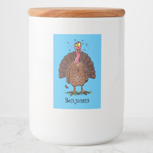 Funny brown farmyard turkey met vliegende cartoon voedselcontainer etiket (Voorkant)