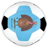 Funny brown farmyard turkey met vliegende cartoon voetbal (Gedraaid)