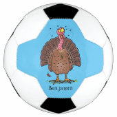 Funny brown farmyard turkey met vliegende cartoon voetbal (Voorkant)