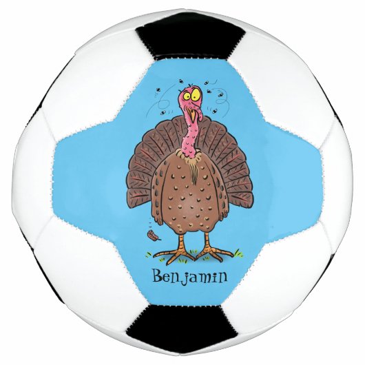 Funny brown farmyard turkey met vliegende cartoon voetbal (Voorkant)
