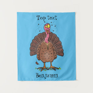 Funny brown farmyard turkey met vliegende cartoon wandkleed