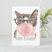 Funny Bubblegum Cat Birthday Kaart (Staand voorkant)
