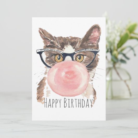 Funny Bubblegum Cat Birthday Kaart (Staand voorkant)