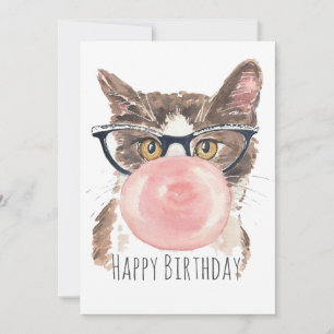 Funny Bubblegum Cat Birthday Kaart