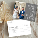 Funny Budget Wedding Thank You Briefkaart<br><div class="desc">Funny wedding thank you postcards in a funny "Booze,  food and bad dance moves" design with your photo.</div>