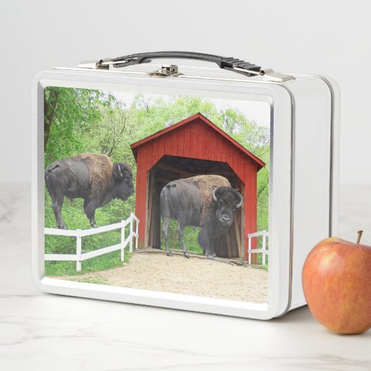 Funny Buffalo aan de rode bedekte brug (In situ)