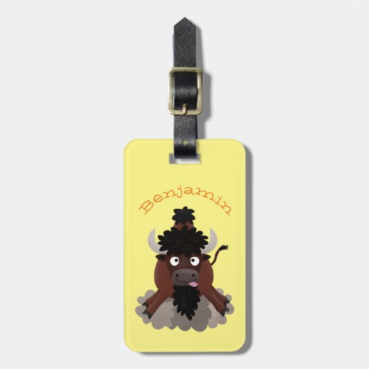 Funny buffalo bison cartoon illustratie bagagelabel (Voorkant verticaal)
