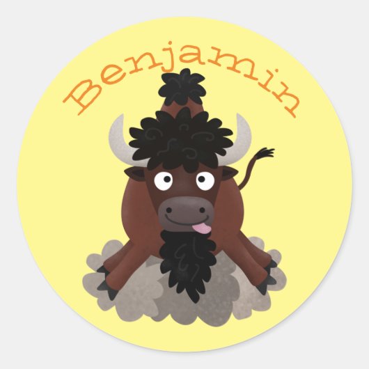 Funny buffalo bison cartoon illustratie ronde sticker (Voorkant)