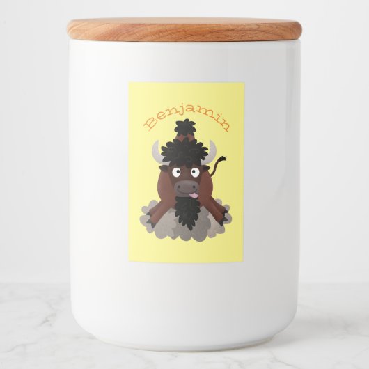 Funny buffalo bison cartoon illustratie voedselcontainer etiket (Voorkant)