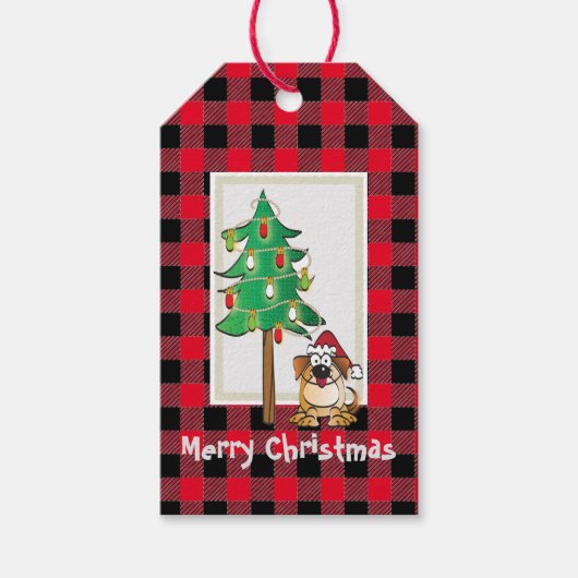 Funny Buffalo Check Dog met Kerstmis met kerstmis Cadeaulabel (Voorkant)