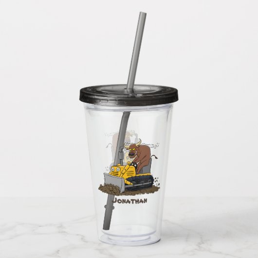 Funny bull Driving Bulldozer cartoon Acryl Drinkbeker (Achterkant)