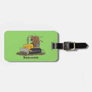 Funny bull Driving Bulldozer cartoon Bagagelabel