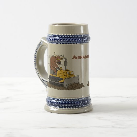 Funny bull Driving Bulldozer cartoon Bierpul (Voorkant links)