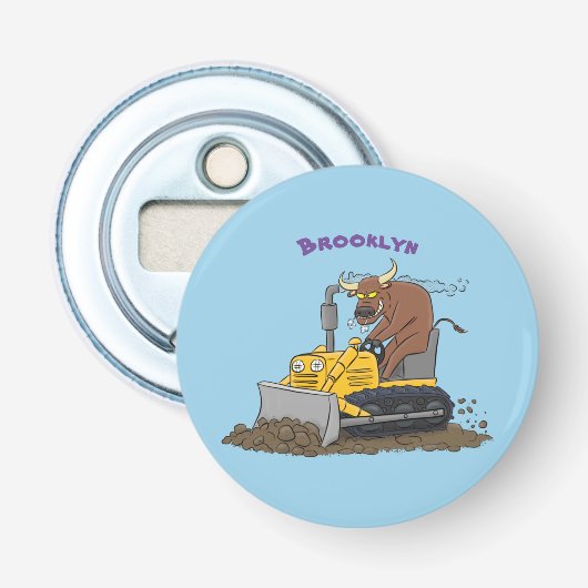 Funny bull Driving Bulldozer cartoon Button Flesopener (Voorkant)