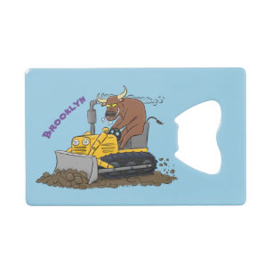 Funny bull Driving Bulldozer cartoon Creditkaart Flessenopener