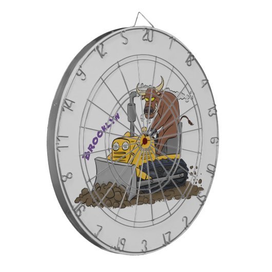 Funny bull Driving Bulldozer cartoon Dartbord (Voorkant Links)