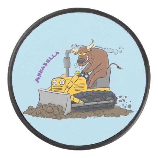 Funny bull Driving Bulldozer cartoon Hockey Puck (Voorkant)