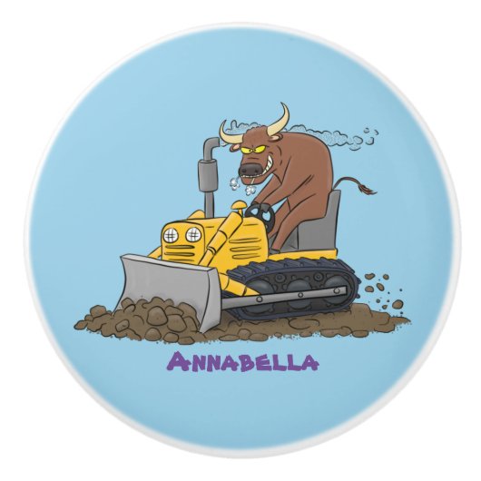 Funny bull Driving Bulldozer cartoon Keramische Knop (Voorkant)