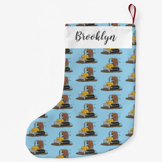 Funny bull Driving Bulldozer cartoon Kleine Kerstsok (Achterkant)