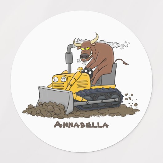 Funny bull Driving Bulldozer cartoon Labels (Design 2)