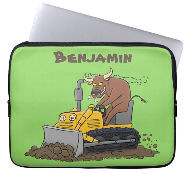 Funny bull Driving Bulldozer cartoon Laptop Sleeve (Voorkant)