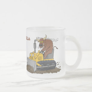 Funny bull Driving Bulldozer cartoon Matglas Koffiemok