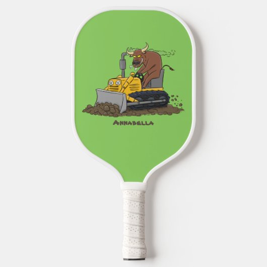 Funny bull Driving Bulldozer cartoon Pickleball Paddle (Voorkant)
