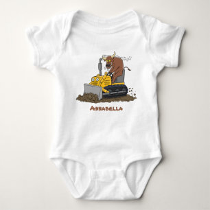 Funny bull Driving Bulldozer cartoon Romper