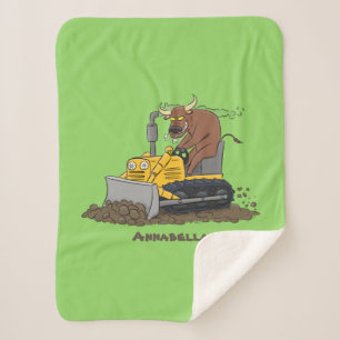 Funny bull Driving Bulldozer cartoon Sherpa Deken