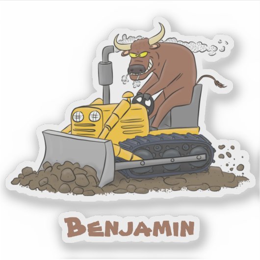 Funny bull Driving Bulldozer cartoon Sticker (Voorkant)