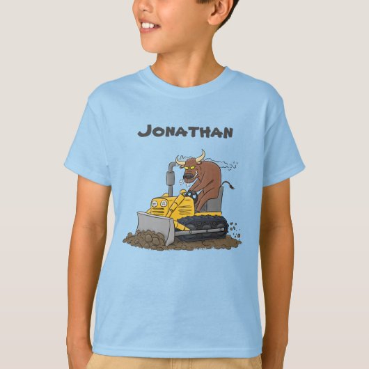 Funny bull Driving Bulldozer cartoon T-shirt (Voorkant)
