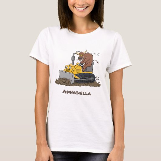 Funny bull Driving Bulldozer cartoon T-shirt (Voorkant)