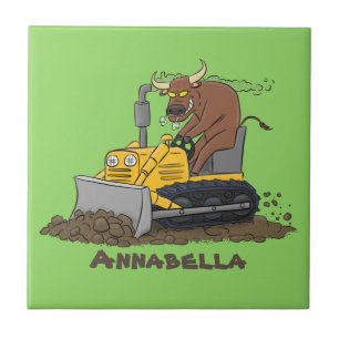 Funny bull Driving Bulldozer cartoon Tegeltje
