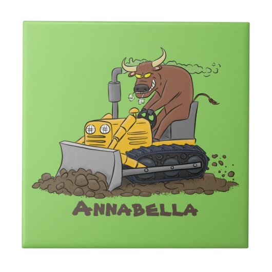 Funny bull Driving Bulldozer cartoon Tegeltje (Voorkant)