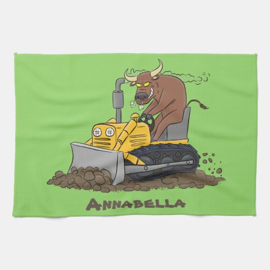 Funny bull Driving Bulldozer cartoon Theedoek (Horizontaal)